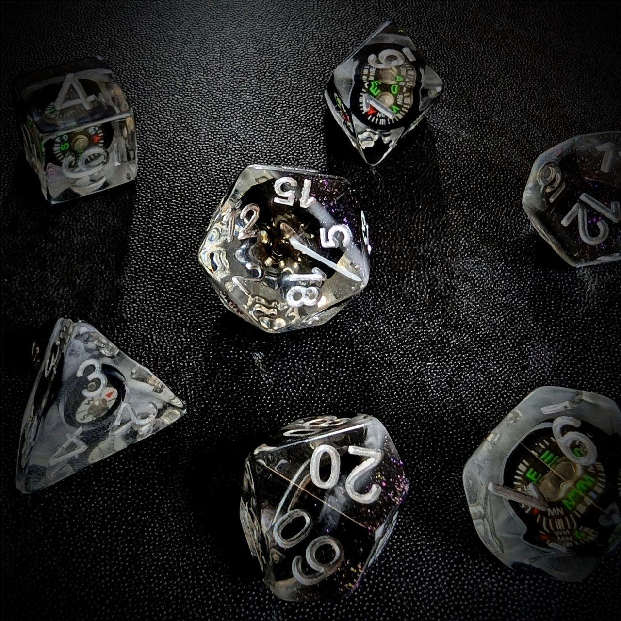 Compass in Clear & Black Resin - 7pcs RPG Full Dice Set