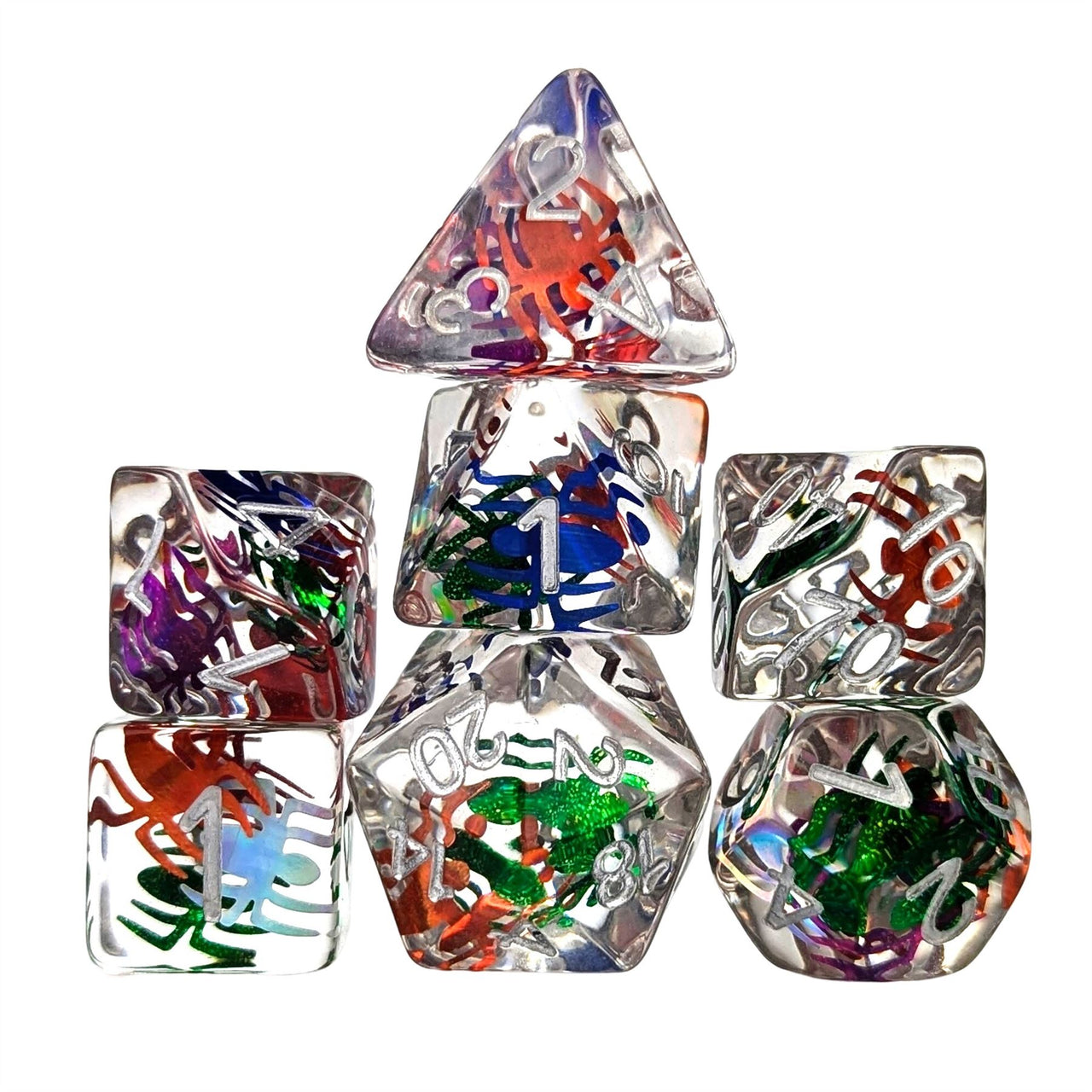 Spiders in Clear Resin - 7pcs RPG Full Dice Set