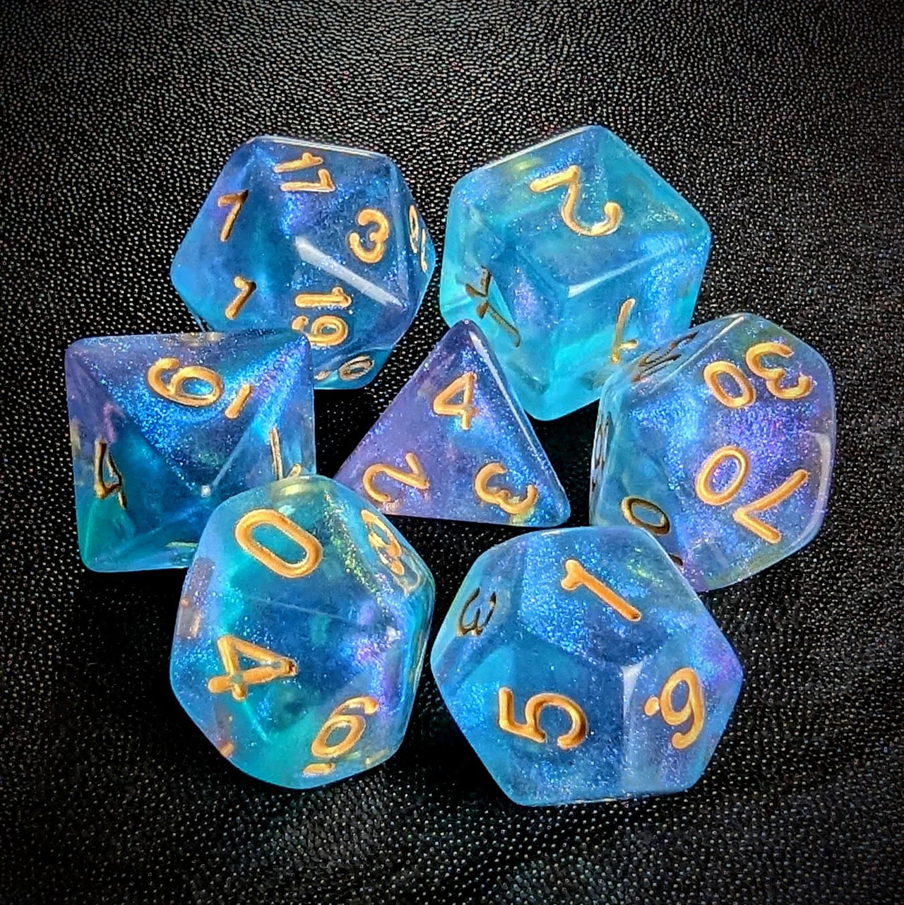 Glitter in Purple & Blue Acrylic - 7pcs RPG Full Dice Set Top