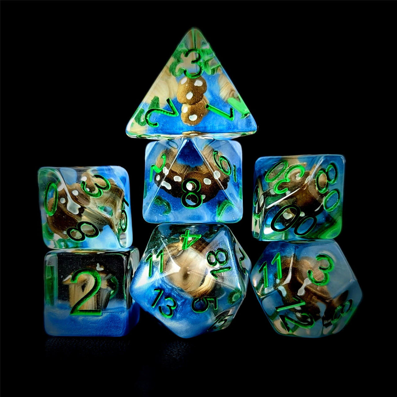 Brown Mashroom in Clear & Blue Resin - 7pcs RPG Full Dice Set