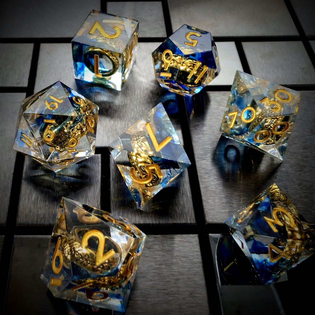 Gold Ring in Blue & Clear Filled Sharp Resin - 7pcs RPG Dice Set