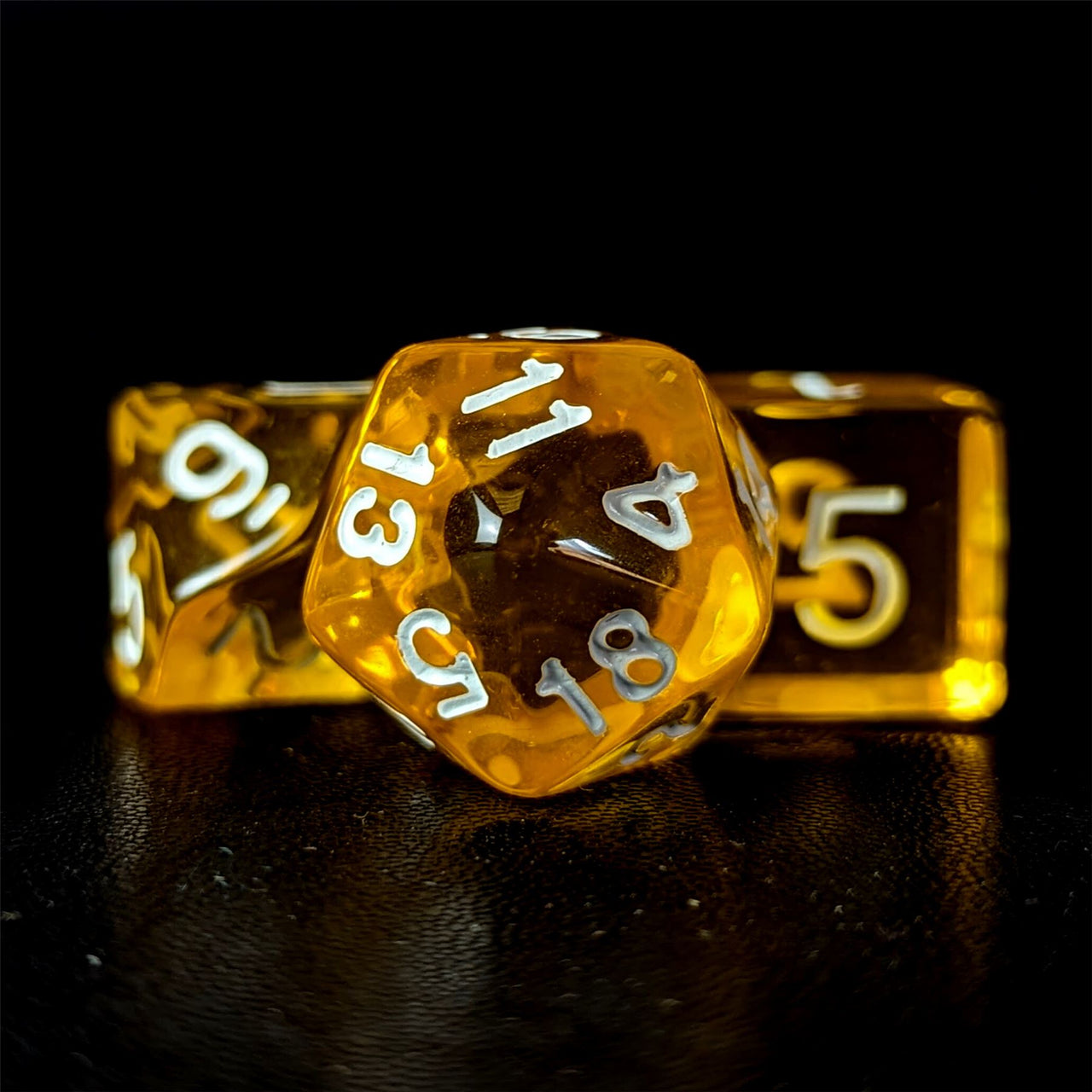 Clear Yellow Acrylic - 7pcs RPG Full Dice Set Close