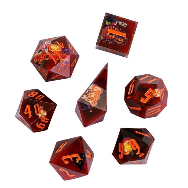 Halloween Pumpkin in Red Filled Sharp Resin - 7pcs RPG Dice Set