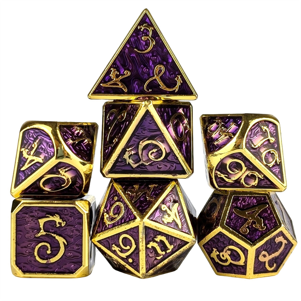 Purple Enamel in Gold Metal - 7pcs RPG Dice Set