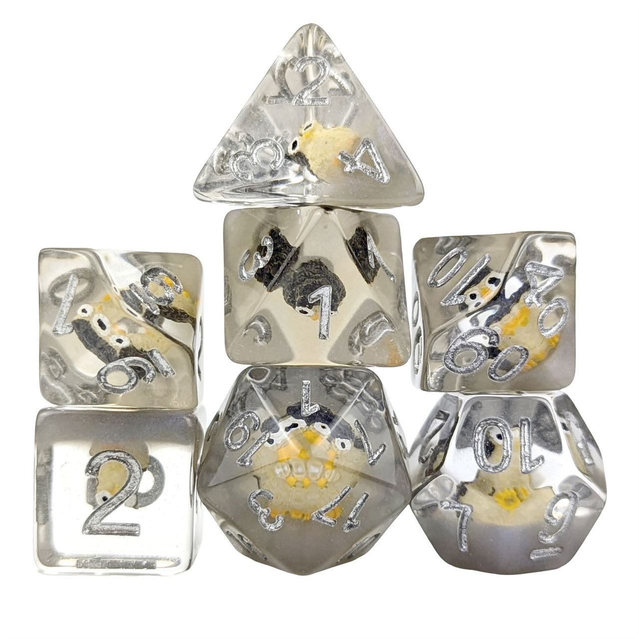 Owl in Clear & Grey Resin - 7pcs RPG Full Dice Set