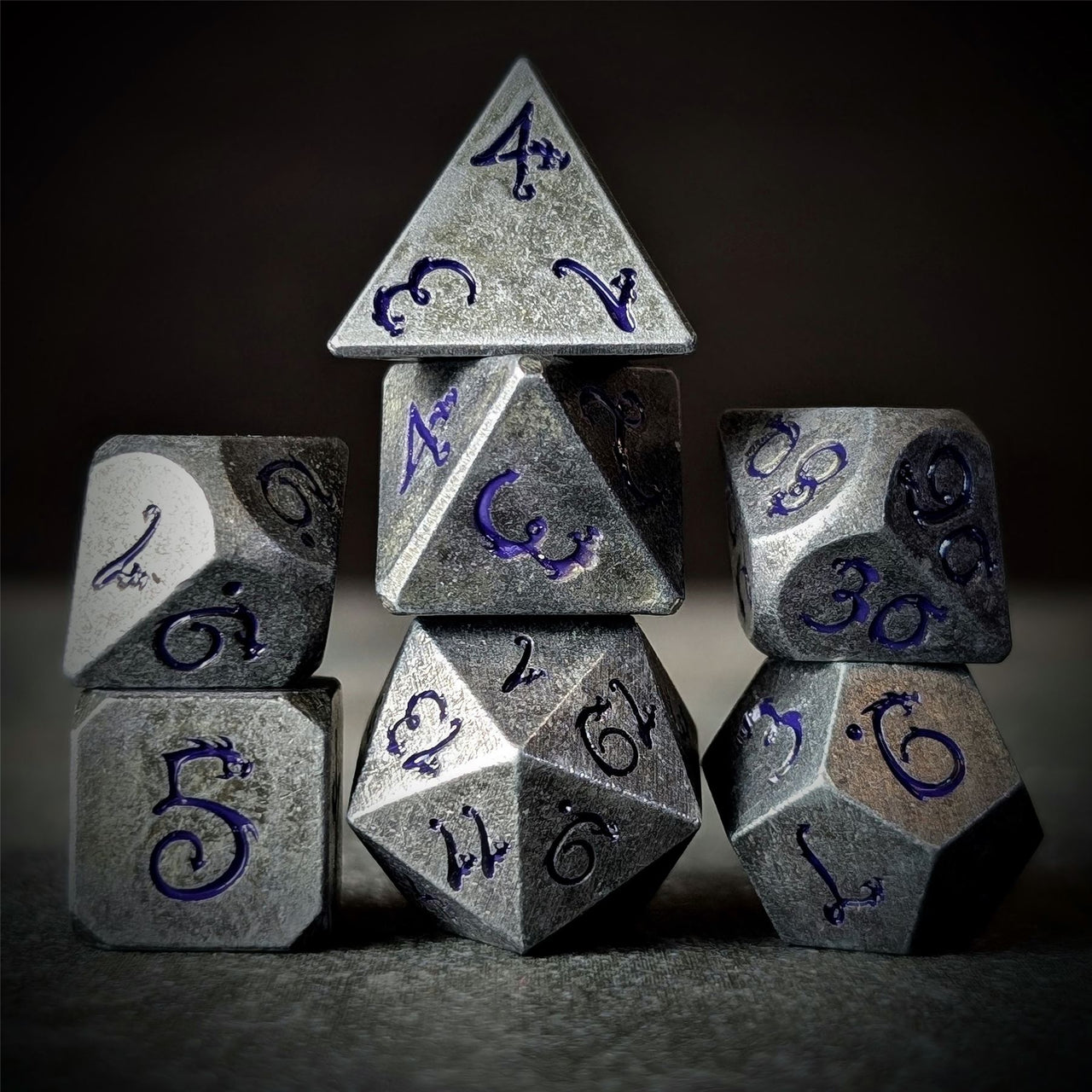 Silver Metal with Purple Dragon Font - 7pcs RPG Dice Set