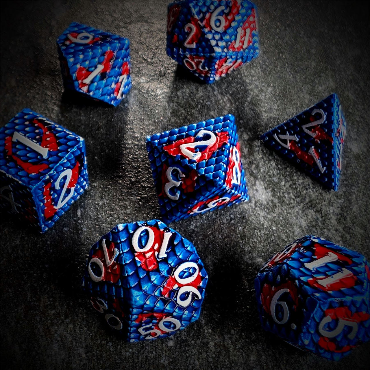 Red & Blue Dragon Scale Metal - 7pcs RPG Dice Set