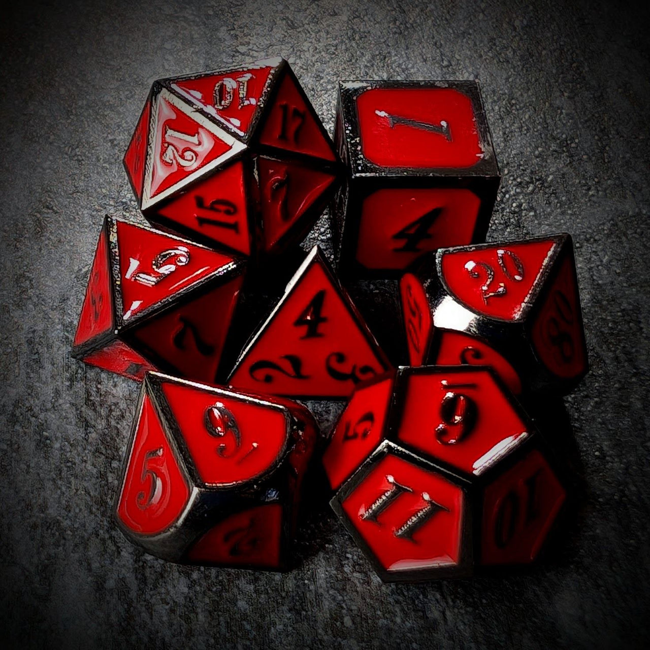 Red Enamel in Black Metal - 7pcs RPG Dice Set