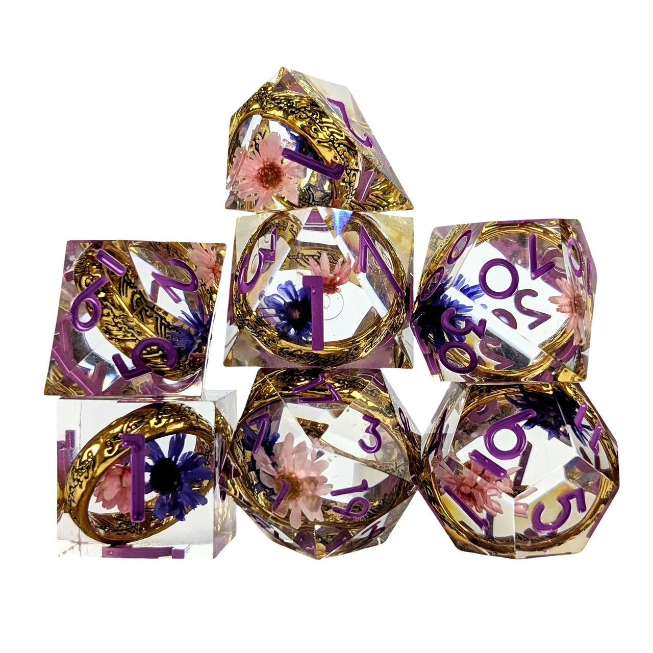 7pcs Dice Sharp Filled Gold Ring Flowers Pink Font Pink Clear