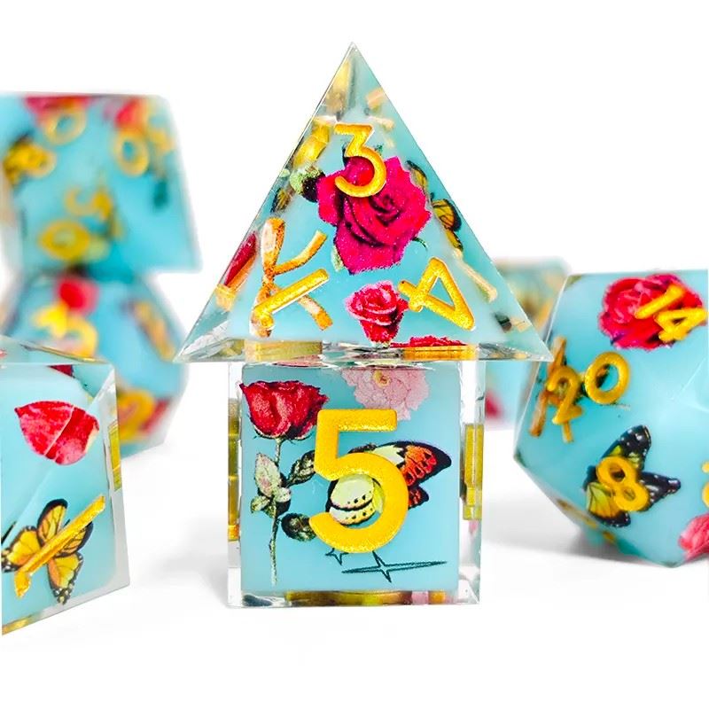 Butterfly & Flower in Blue Filled Sharp Resin - 7pcs RPG Dice Set