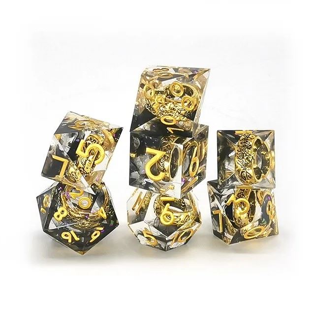 Gold Ring in Black & Clear Filled Sharp Resin - 7pcs RPG Dice Set