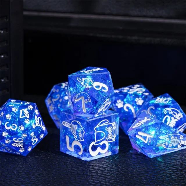 Cats on Blue with Candy Sharp Resin - 7pcs RPG Dice Set