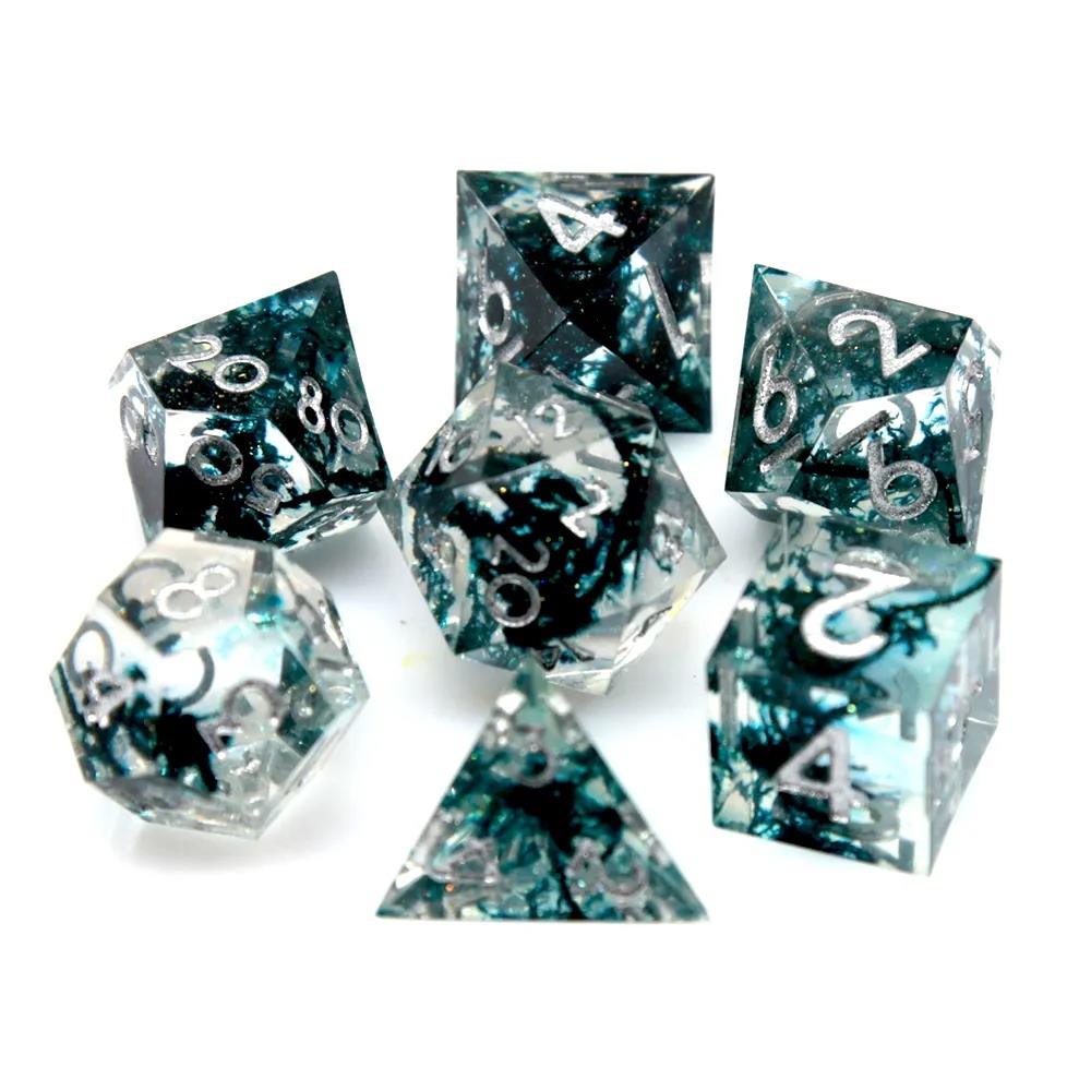 Black Swirl in Teal & Clear Sharp Resin - 7pcs RPG Dice Set