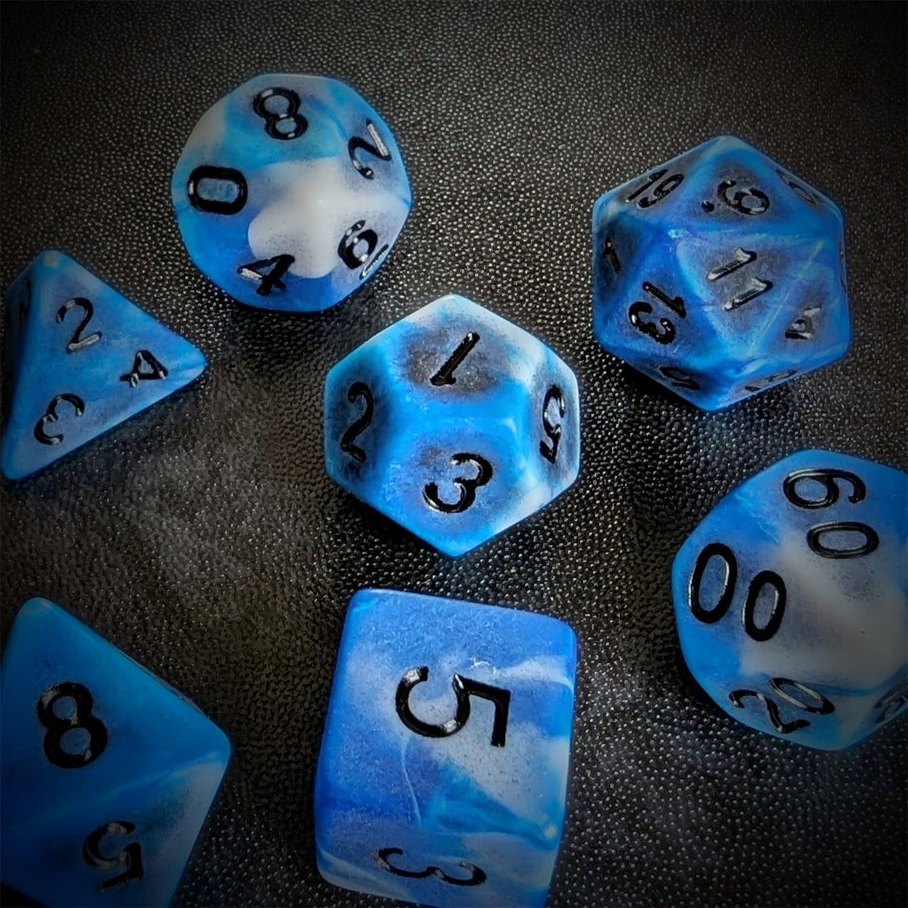 Washed Blue on White Acrylic - 7pcs RPG Full Dice Set Scatter