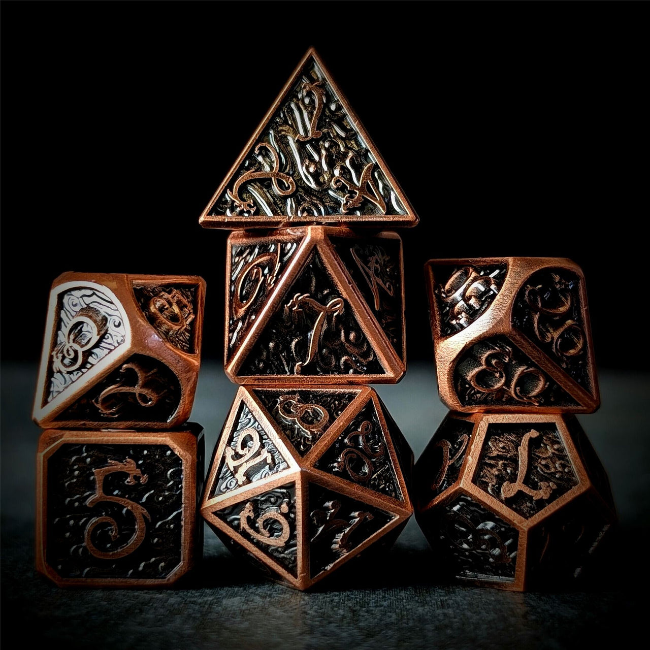 Copper Metal with Dragon Font - 7pcs RPG Dice Set