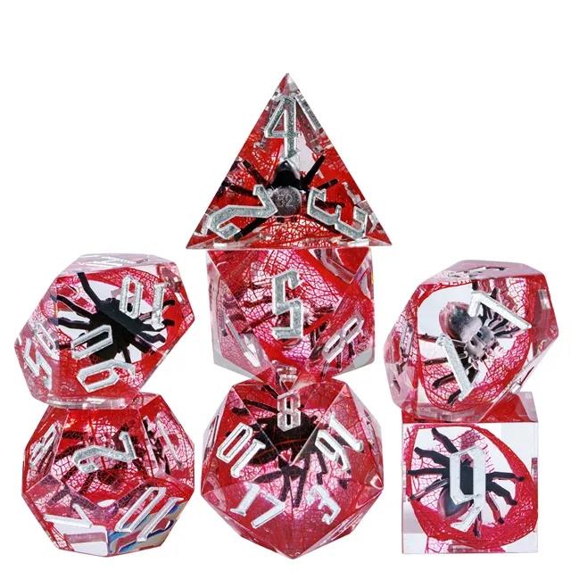 Spider in Clear & Red Filled Sharp Resin - 7pcs RPG Dice Set