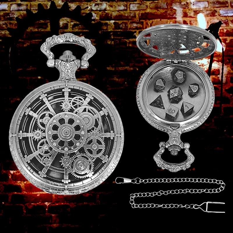 Cog Wheel on Silver Pocket Watch with Mini Dice - Pendant