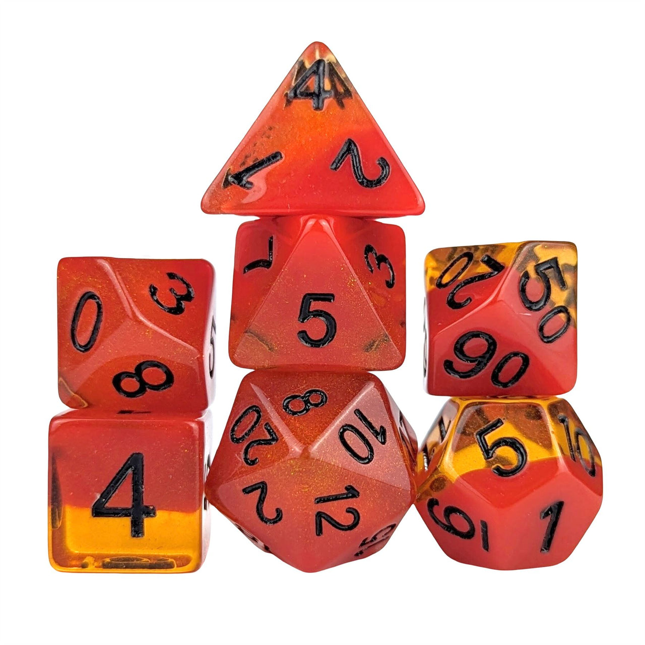 Layered Red & Amber with Shimmer Resin - 7pcs RPG Full Dice Set