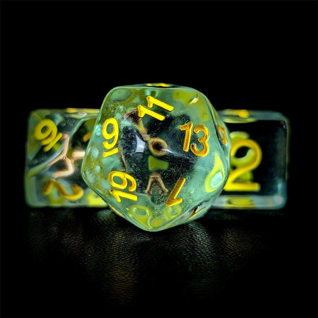 Mace in Clear & Green Resin - 7pcs RPG Full Dice Set