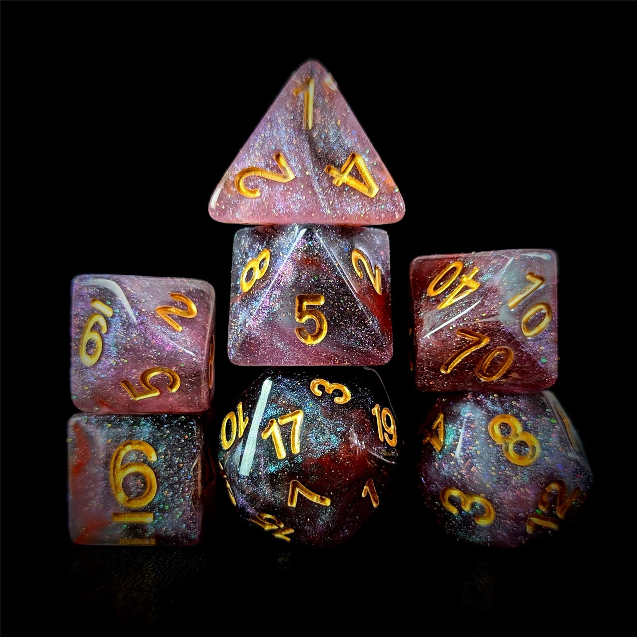 Glitter in Red & Grey Resin - 7pcs RPG Full Dice Set