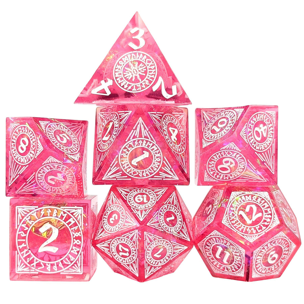 White Pattern on Pink with Candy Sharp Resin - 7pcs RPG Dice Set