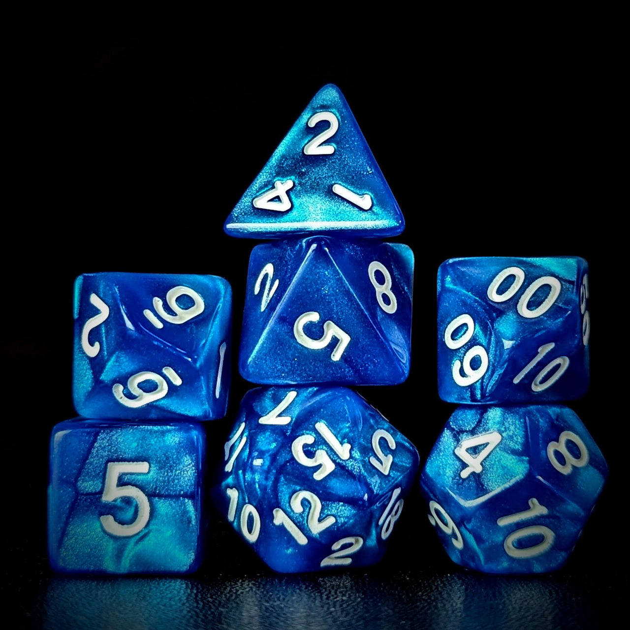 Glitter in Blue Acrylic - 7pcs RPG Full Dice Set Dark Stack