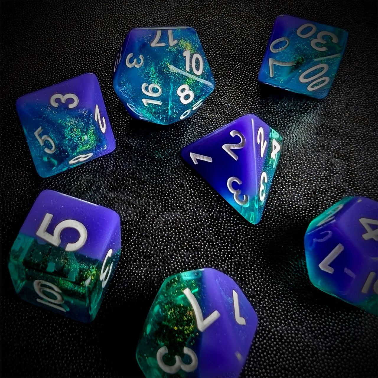 Layered Purple & Teal with Shimmer Resin - 7pcs RPG Full Dice Set