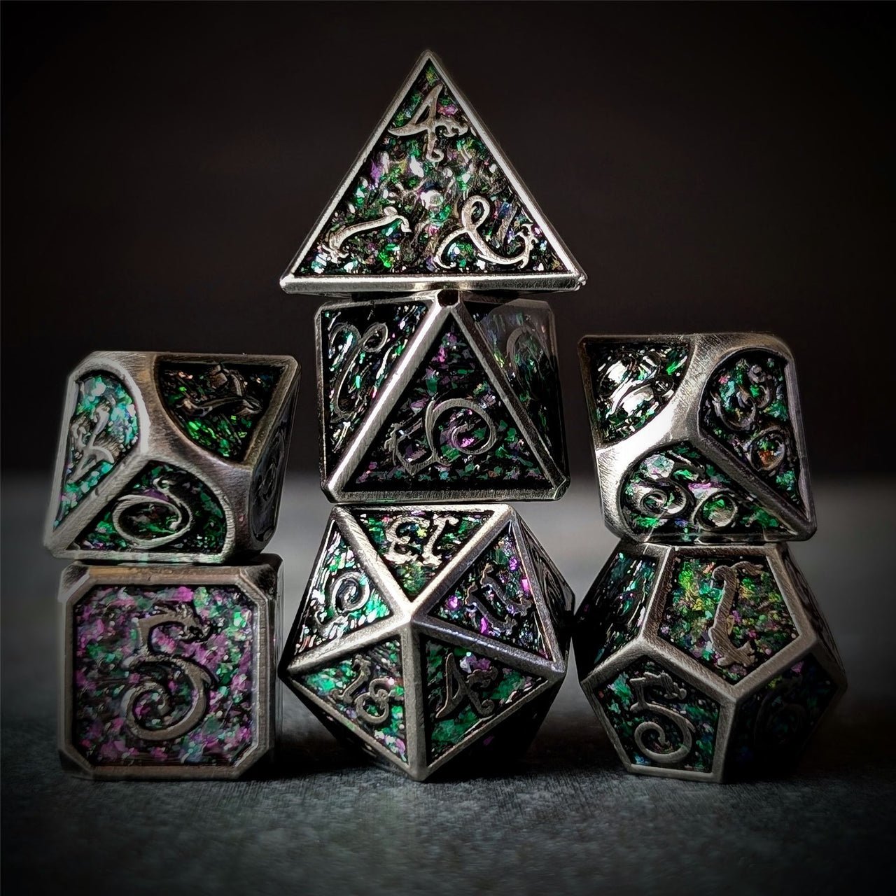 Glitter Pink Enamel in Silver Metal - 7pcs RPG Dice Set