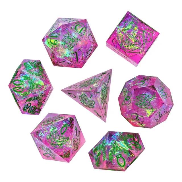 Beasts on Clear & Pink with Candy Sharp Resin - 7pcs RPG Dice Set