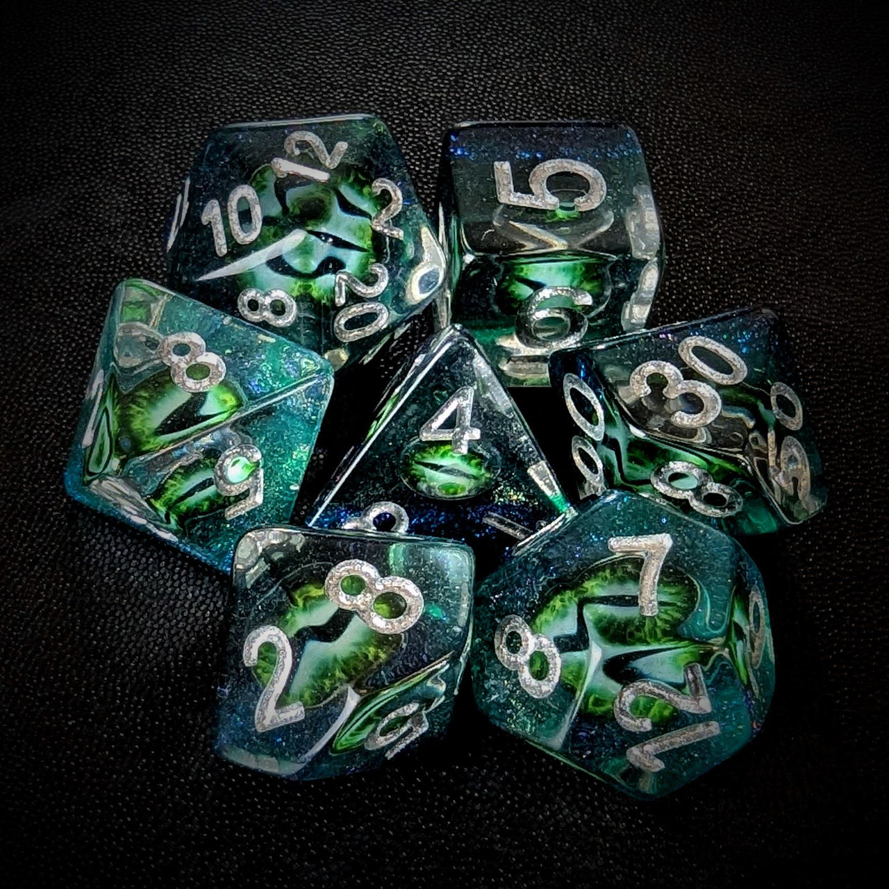 Demon Eye in Clear Green & Teal Resin - 7pcs RPG Full Dice Set