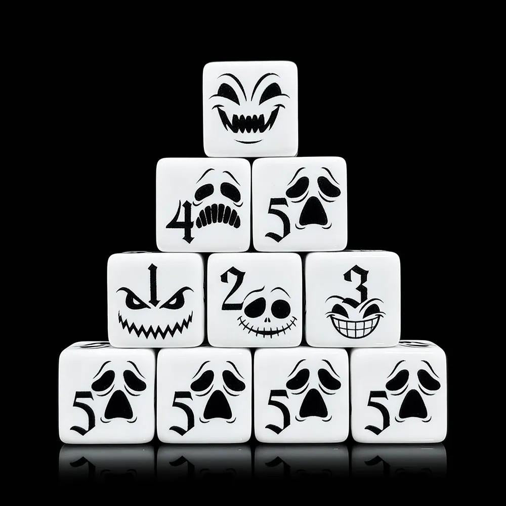 6pcs D6 16mm Dice Acrylic Printed Ghost Face Black Font White