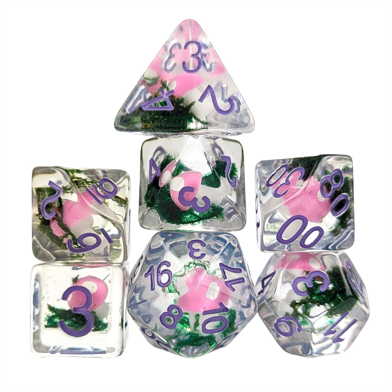 Pink Mushroom in Clear Resin - 7pcs RPG Full Dice Set