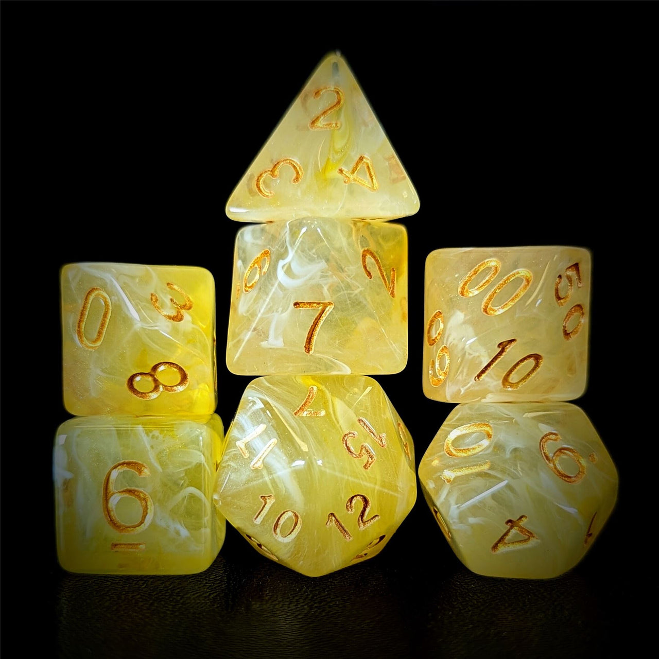 Yellow Silk Acrylic - 7pcs RPG Full Dice Set Dark Stack