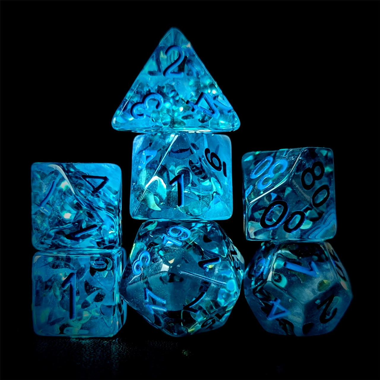 Water Drops in Clear & Blue Resin - 7pcs RPG Full Dice Set