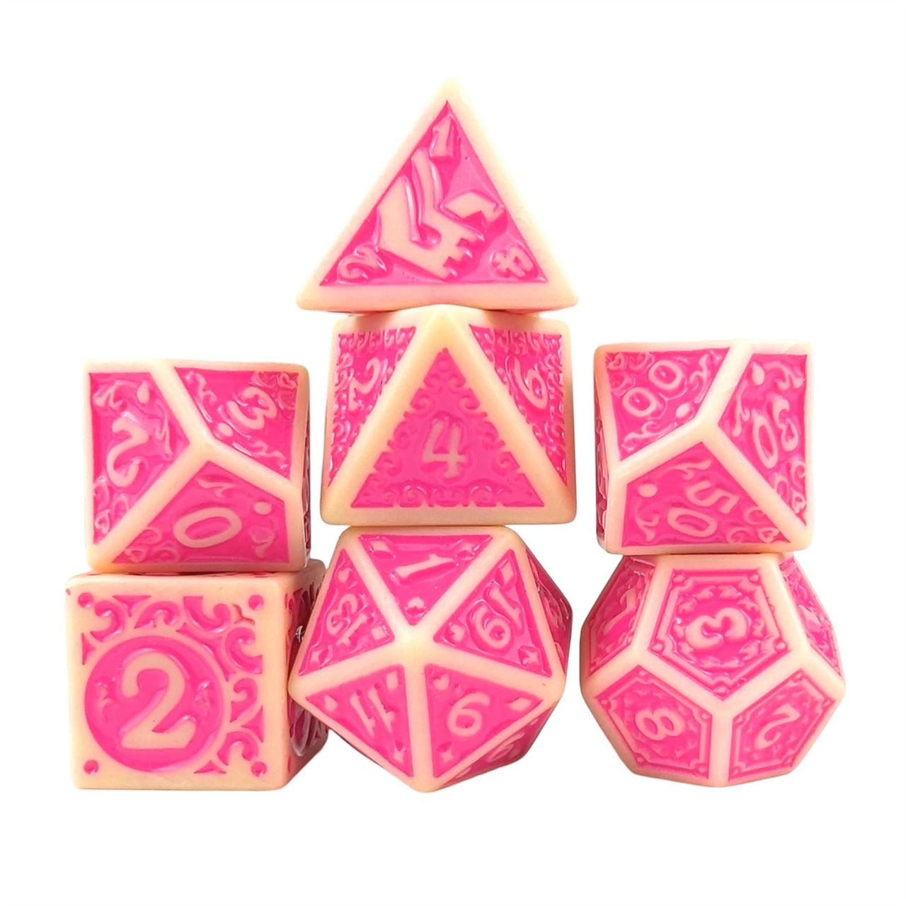 Pink Vines on White Acrylic - 7pcs RPG Full Dice Set White Stack