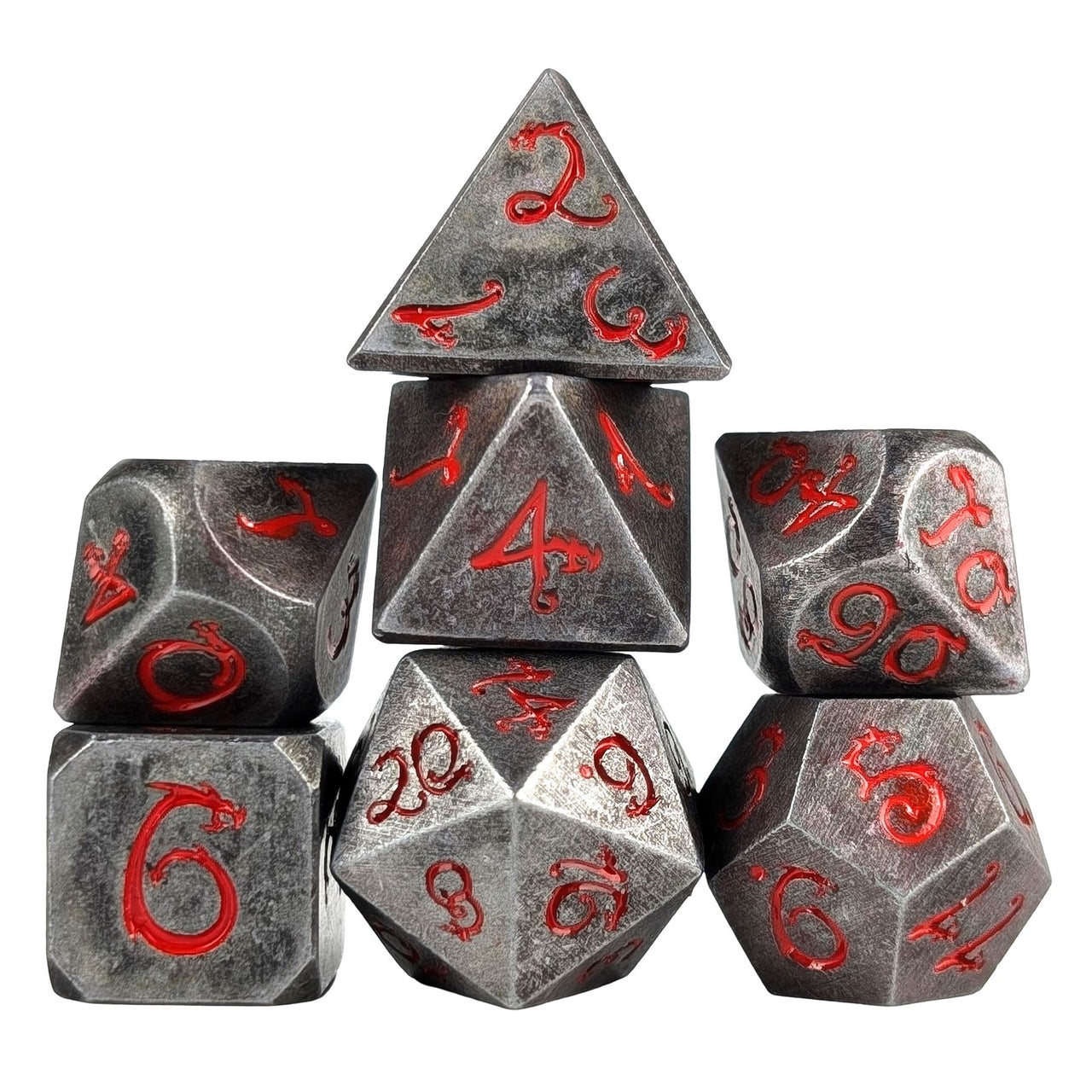 Silver Metal with Red Dragon Font - 7pcs RPG Dice Set