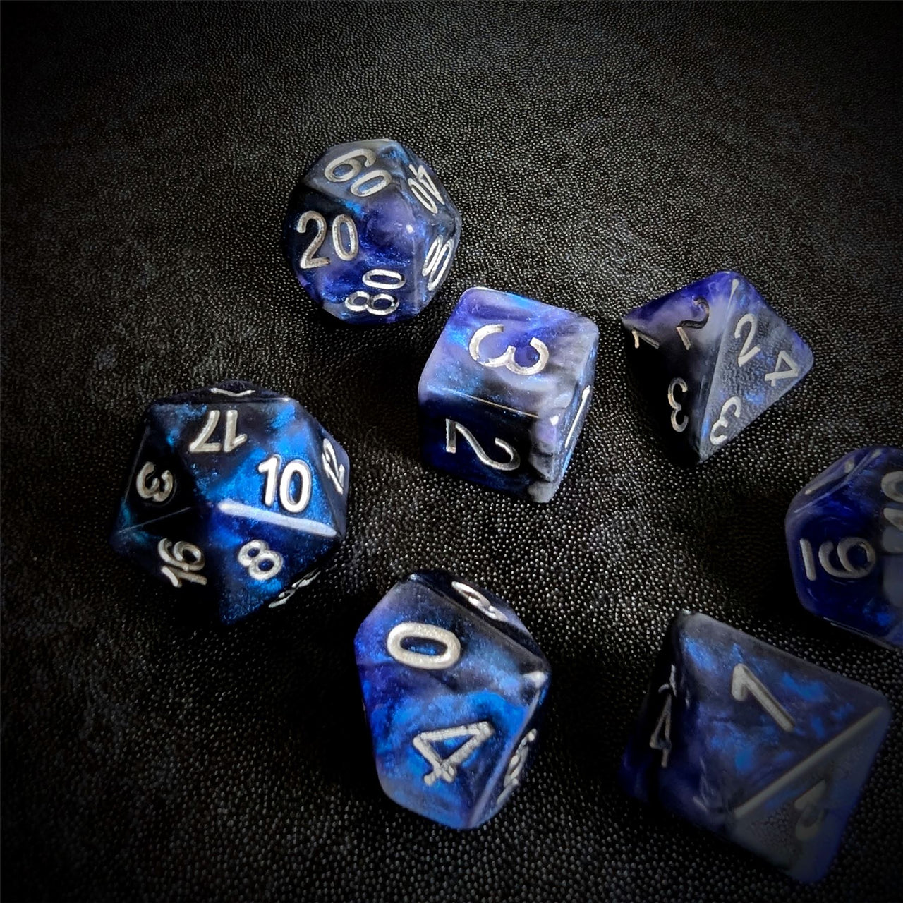 Glitter in Blue & Black Resin - 7pcs RPG Full Dice Set