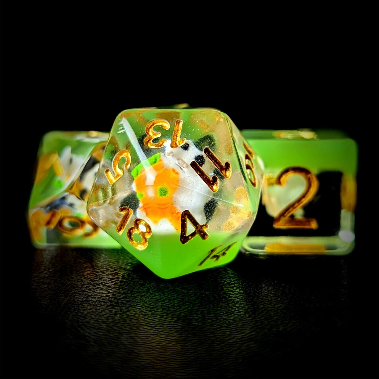 Rabbit in Clear & Green Resin - 7pcs RPG Full Dice Set