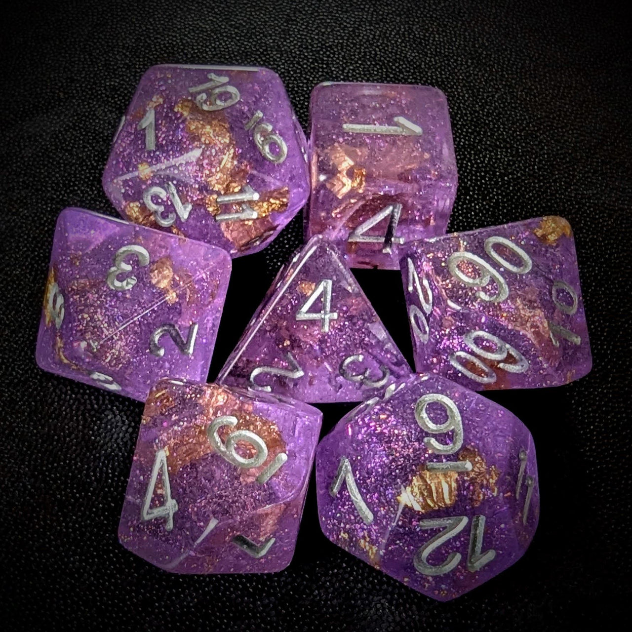 Gold Foil in Clear & Purple Resin - 7pcs RPG Full Dice Set