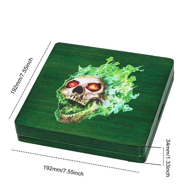 Green Skull on Bamboo Wood - Magnetic Dice Storage