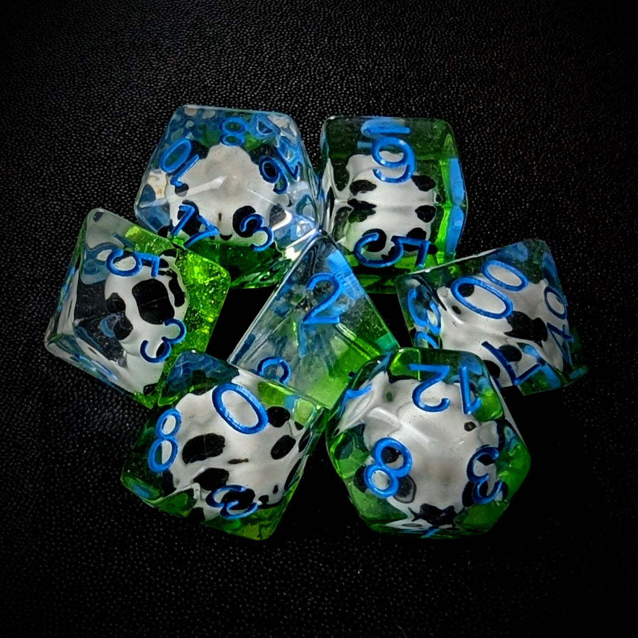 Panda in Clear & Green Resin - 7pcs RPG Full Dice Set