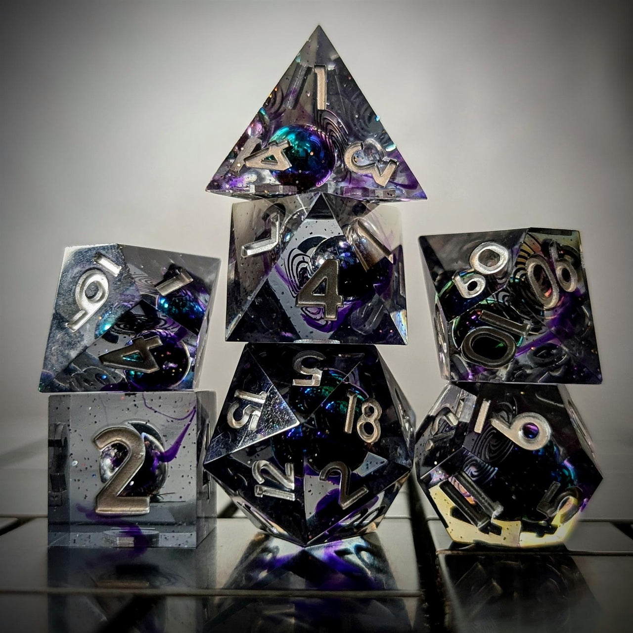 Bead Swirl in Purple & Clear Filled Sharp Resin - 7pcs RPG Dice Set