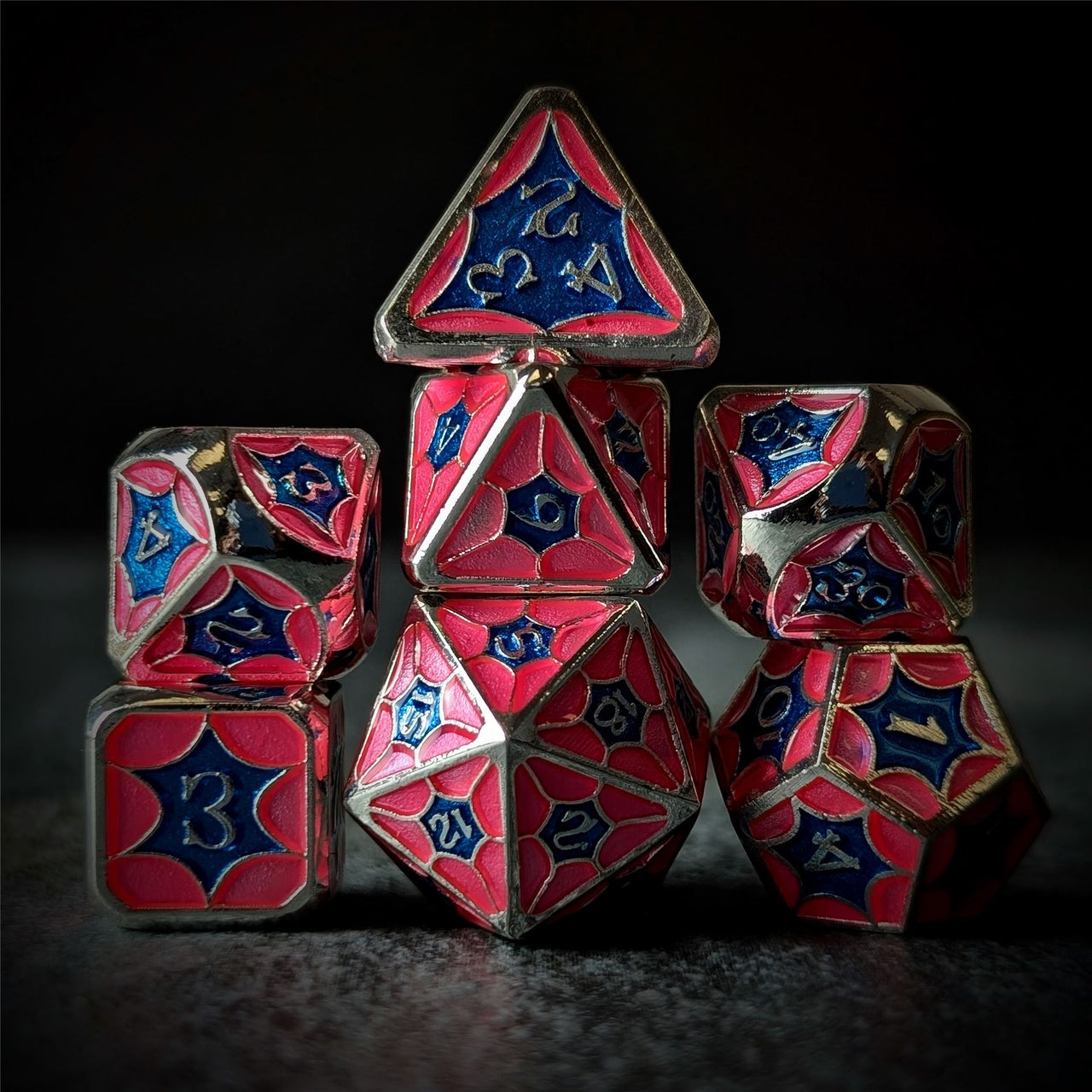 Pink & Blue Spider's Web in Silver Metal - 7pcs RPG Dice Set