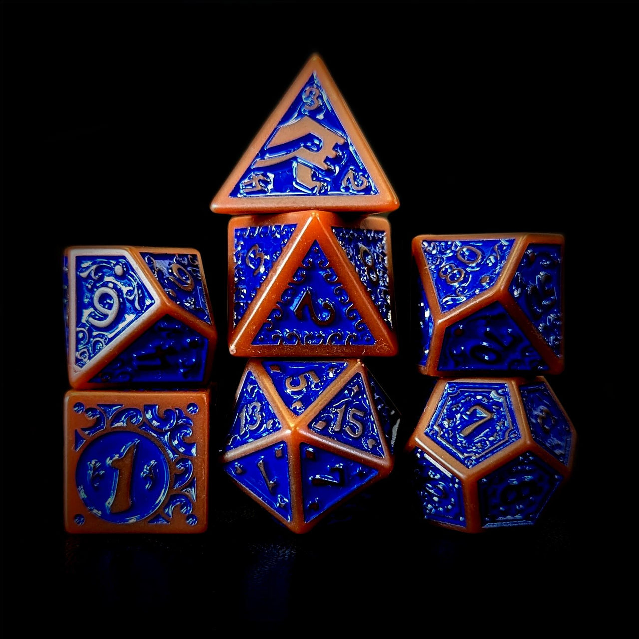 Blue Vines on Brown Acrylic - 7pcs RPG Full Dice Set Dark Stack