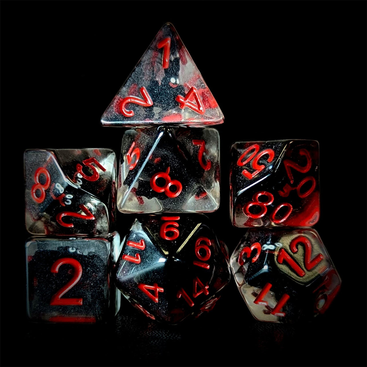 Vampire Bat in Clear & Black Resin - 7pcs RPG Full Dice Set