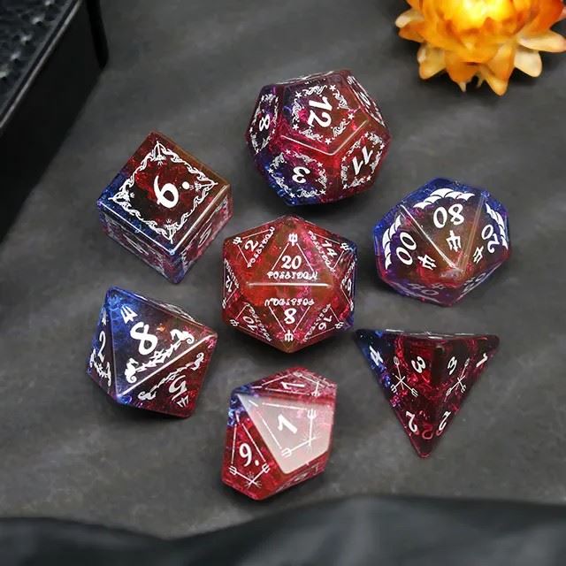 Poseidon on Blue and Red Glass - 7pcs RPG Dice Set