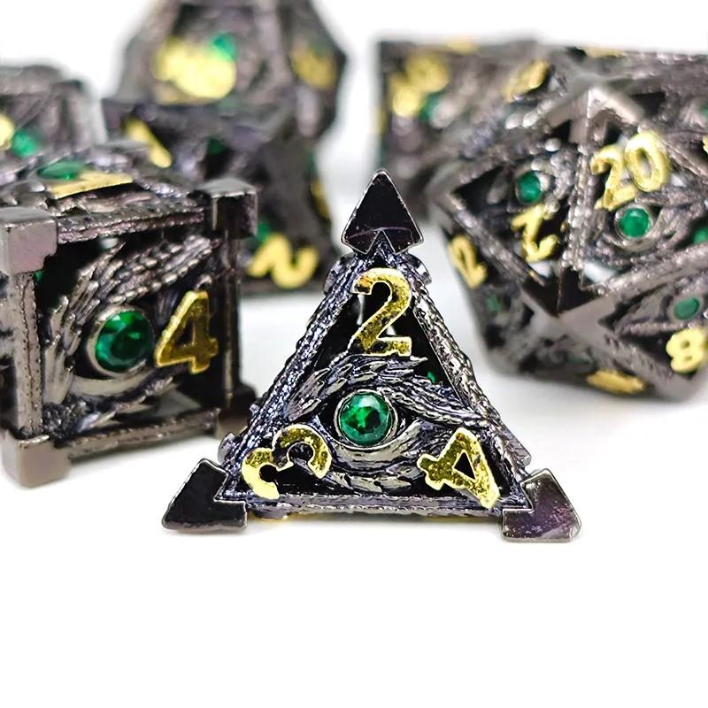 7pcs Dice Metal Hollow Dragon Green Eye Gold Font Nickel