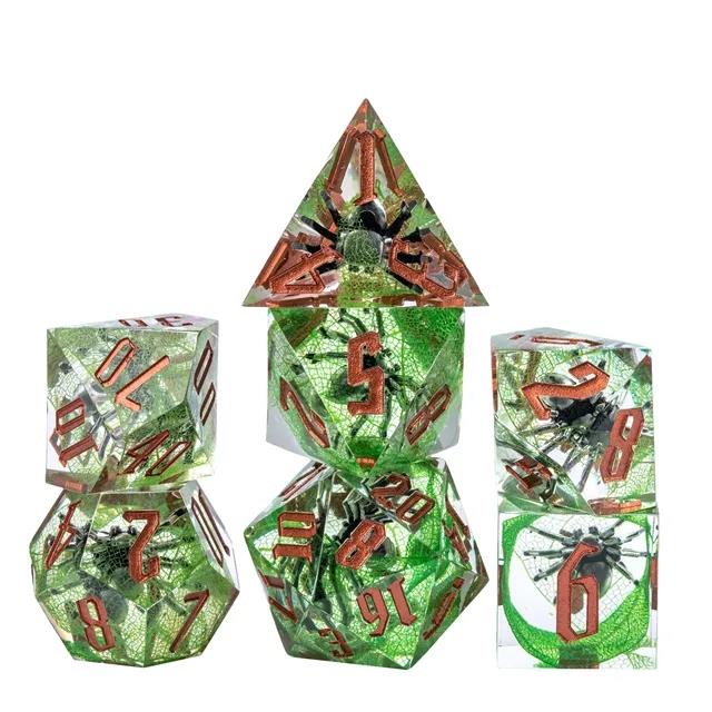 Spider in Clear & Green Filled Sharp Resin - 7pcs RPG Dice Set