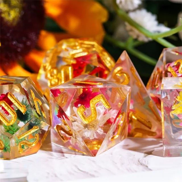 Multicolour Flowers in Clear Filled Sharp Resin - 7pcs RPG Dice Set