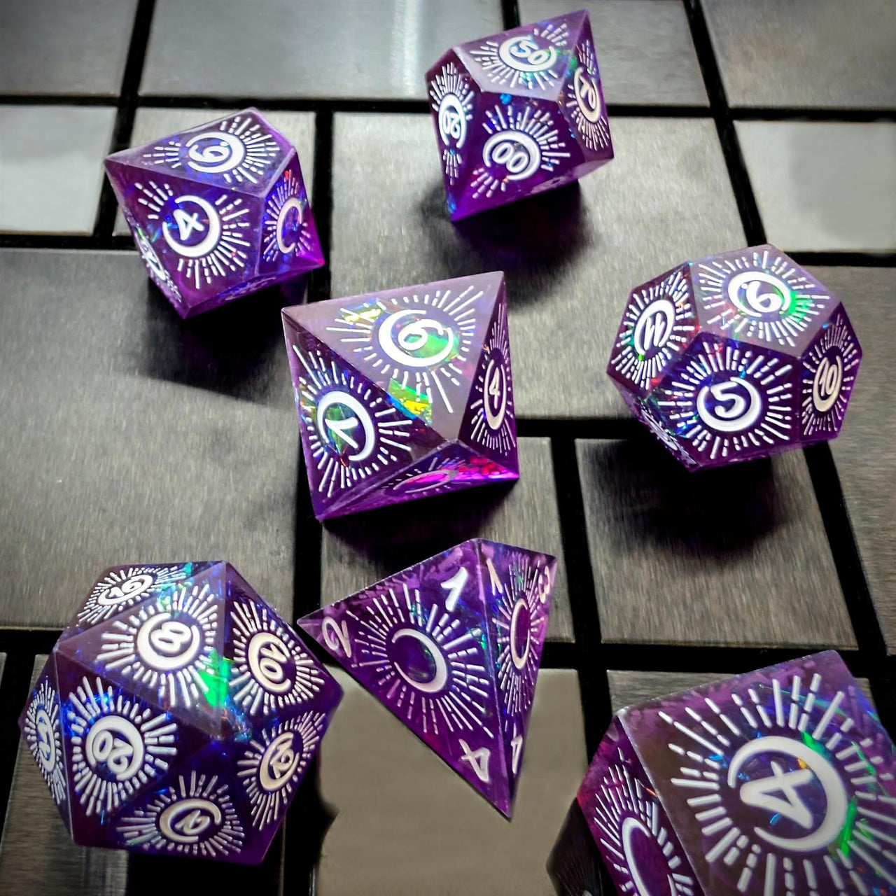 Moon on Purple with White Swirl Sharp Resin - 7pcs RPG Dice Set